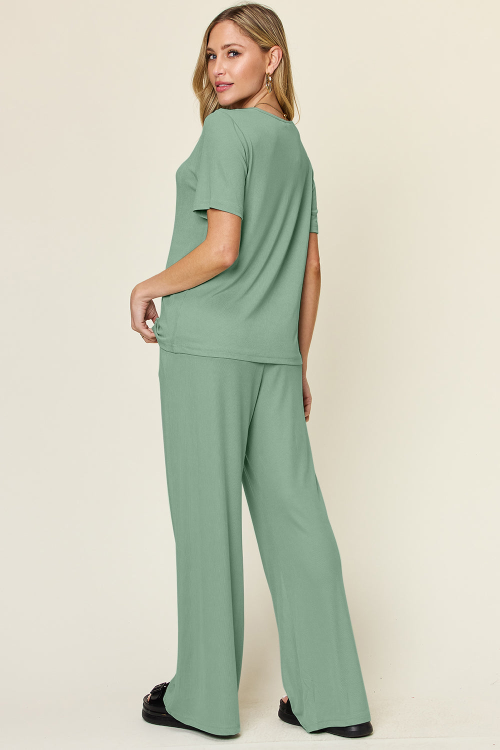 Double Take Full Size Round Neck Short Sleeve T-Shirt and Wide Leg Pants Set Double Take Full Size Round Neck Short Sleeve T-Shirt and Wide Leg Pants Set