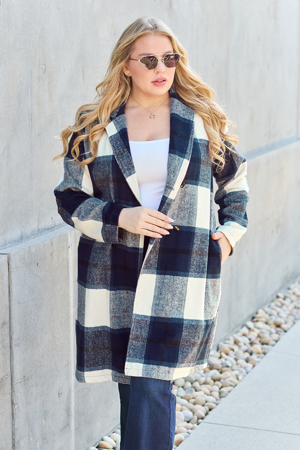 Double Take Full Size Plaid Button Up Lapel Collar Coat Double Take Full Size Plaid Button Up Lapel Collar Coat - TopFashionHQ