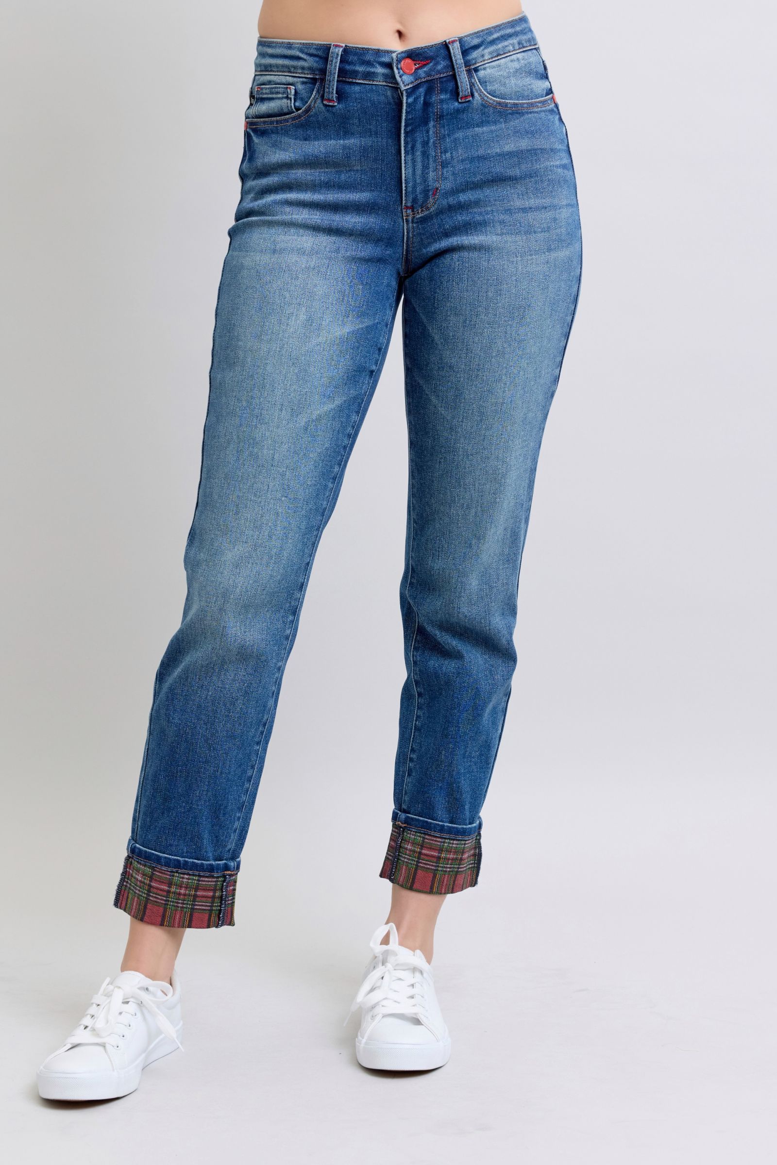 Judy Blue Full Size Plaid Print Cuff Straight Leg Jeans with Pockets Judy Blue Full Size Plaid Print Cuff Straight Leg Jeans with Pockets - TopFashionHQ