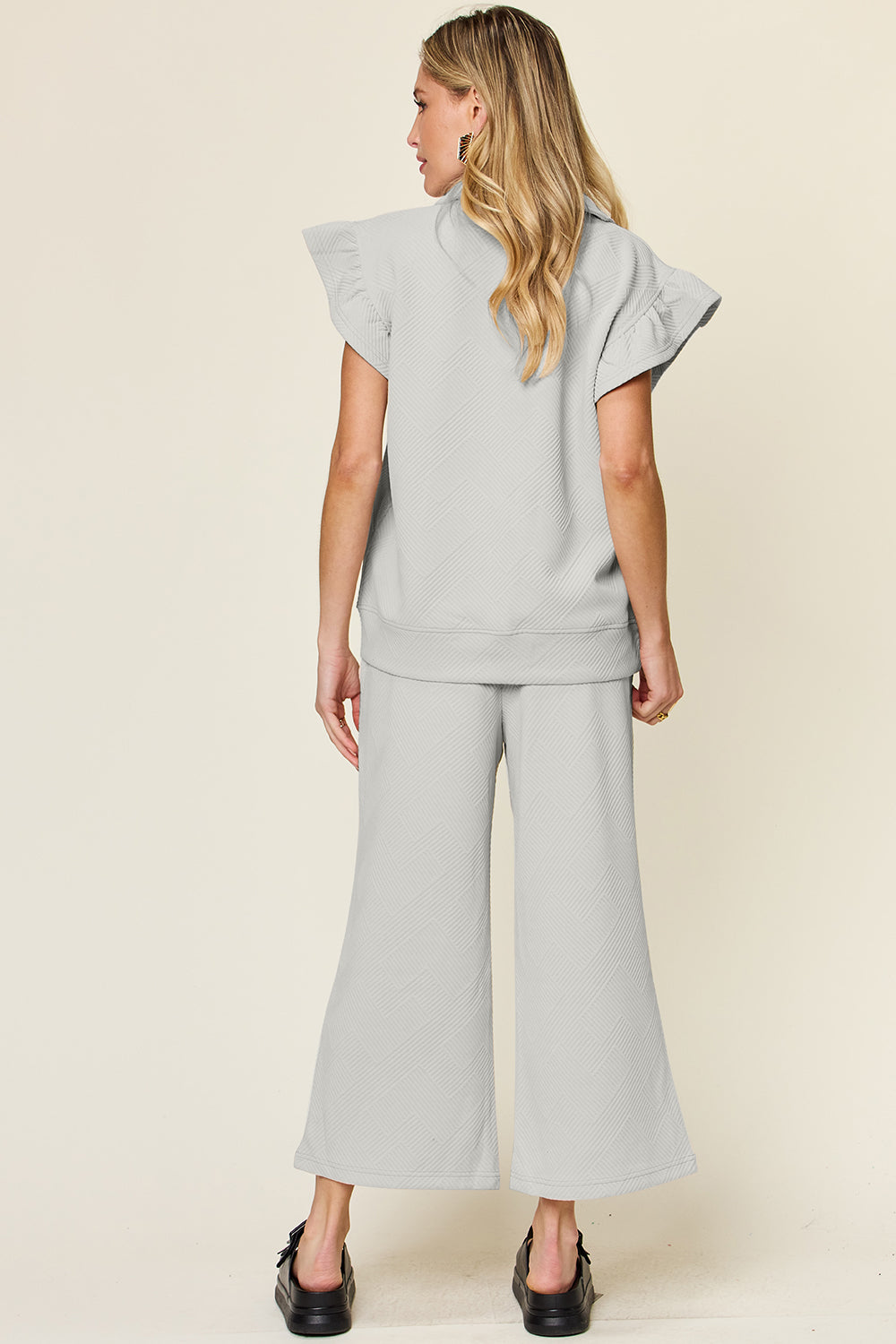 Double Take Texture Ruffle Short Sleeve Top and Drawstring Wide Leg Pants Set Double Take Texture Ruffle Short Sleeve Top and Drawstring Wide Leg Pants Set