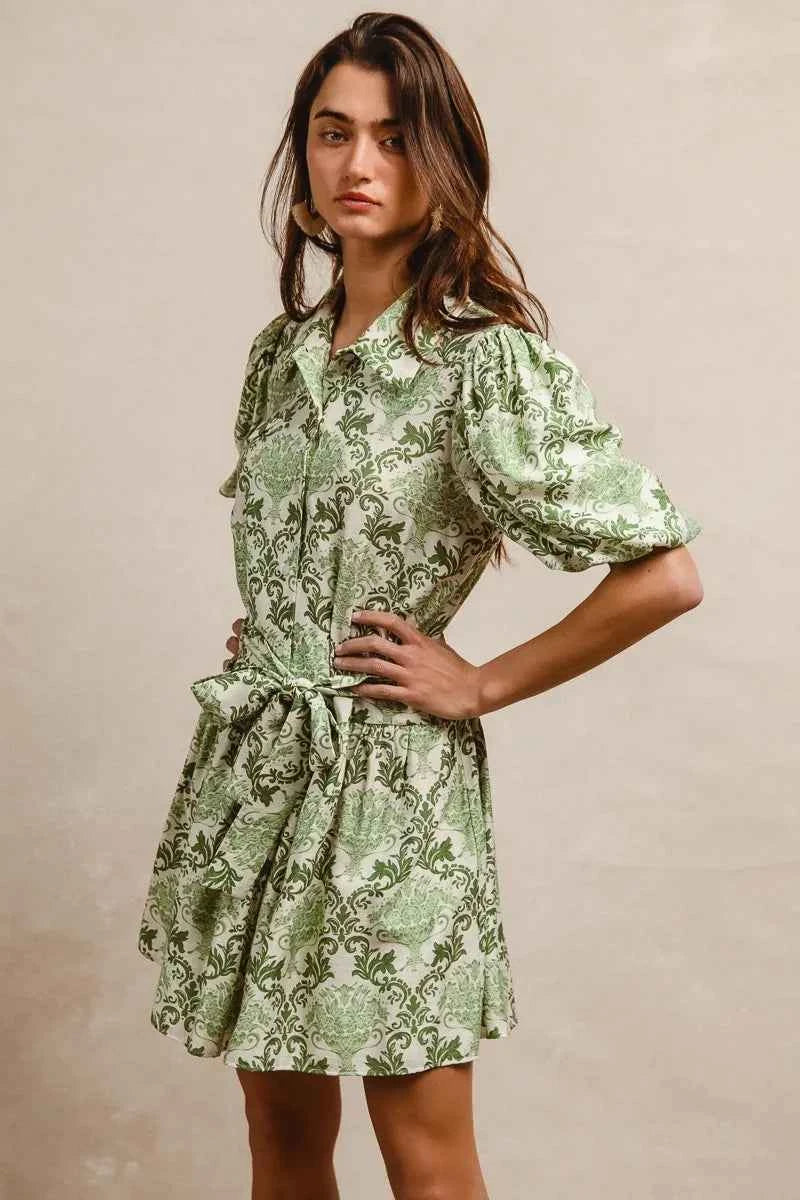 BiBi Tied Floral Short Sleeve Mini Shirt Dress BiBi Tied Floral Short Sleeve Mini Shirt Dress