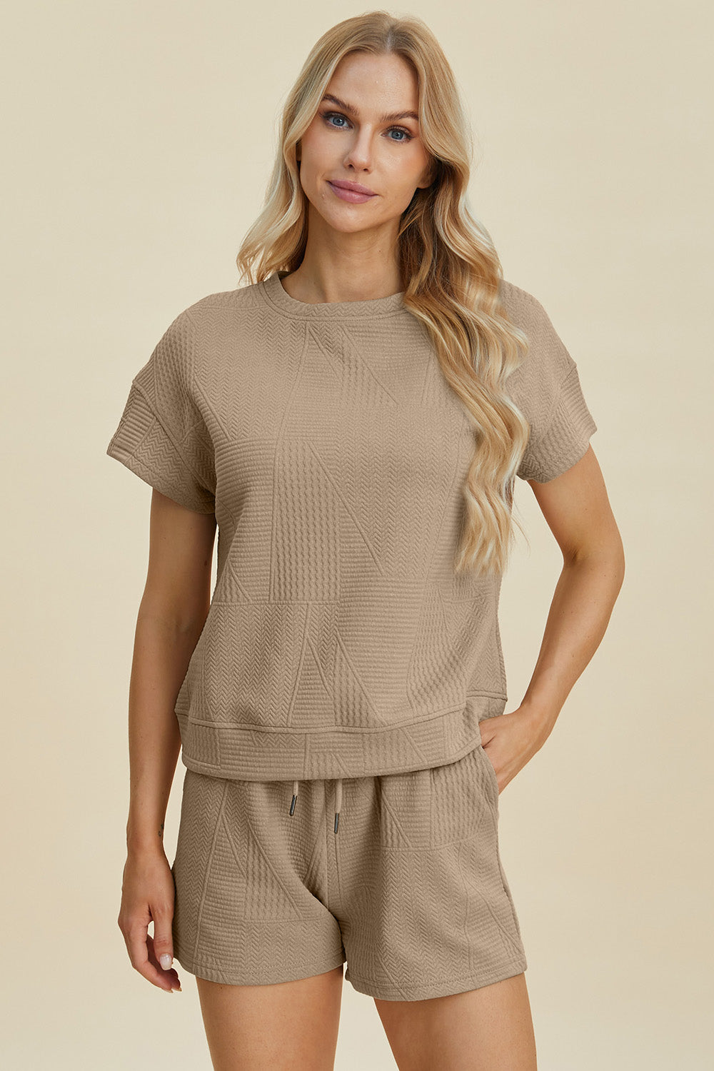 Double Take Full Size Texture Short Sleeve Top and Shorts Set Double Take Full Size Texture Short Sleeve Top and Shorts Set