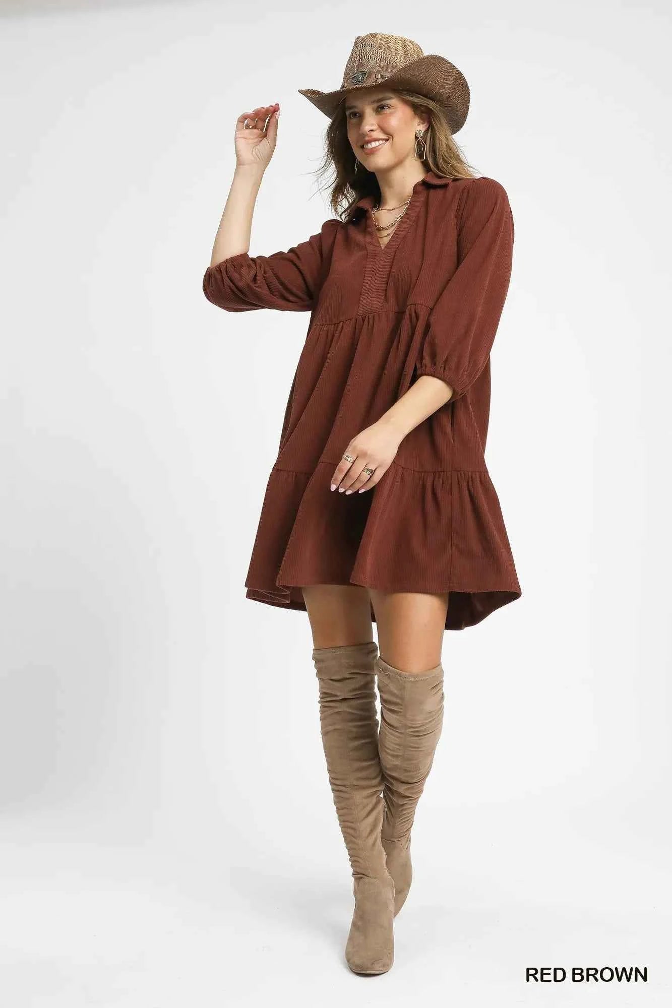 Umgee Tiered Corduroy Mini Dress with Balloon Sleeves Umgee Tiered Corduroy Mini Dress with Balloon Sleeves