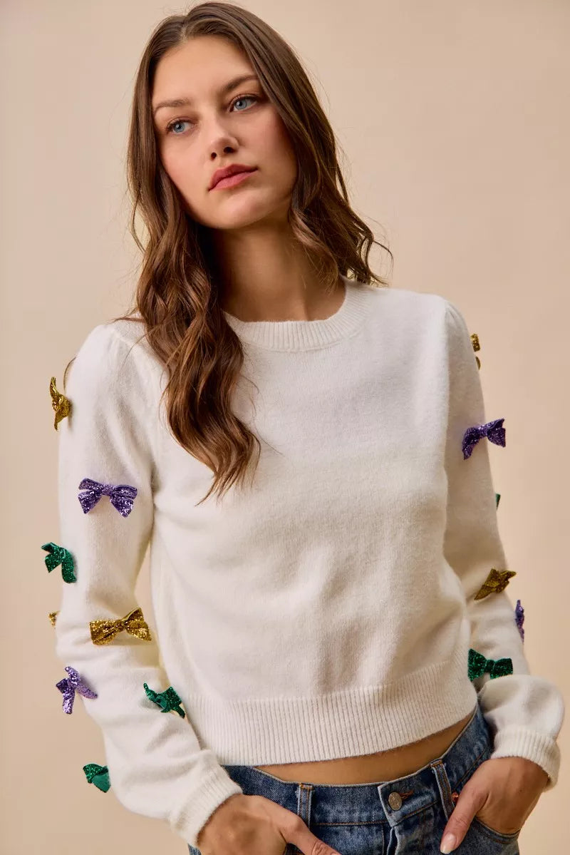 SO ME Mardi Gras Glitter Bow Ribbon Sweater Knit Top 125d917430074a31adcfa7daabe33d72-Max-Origin