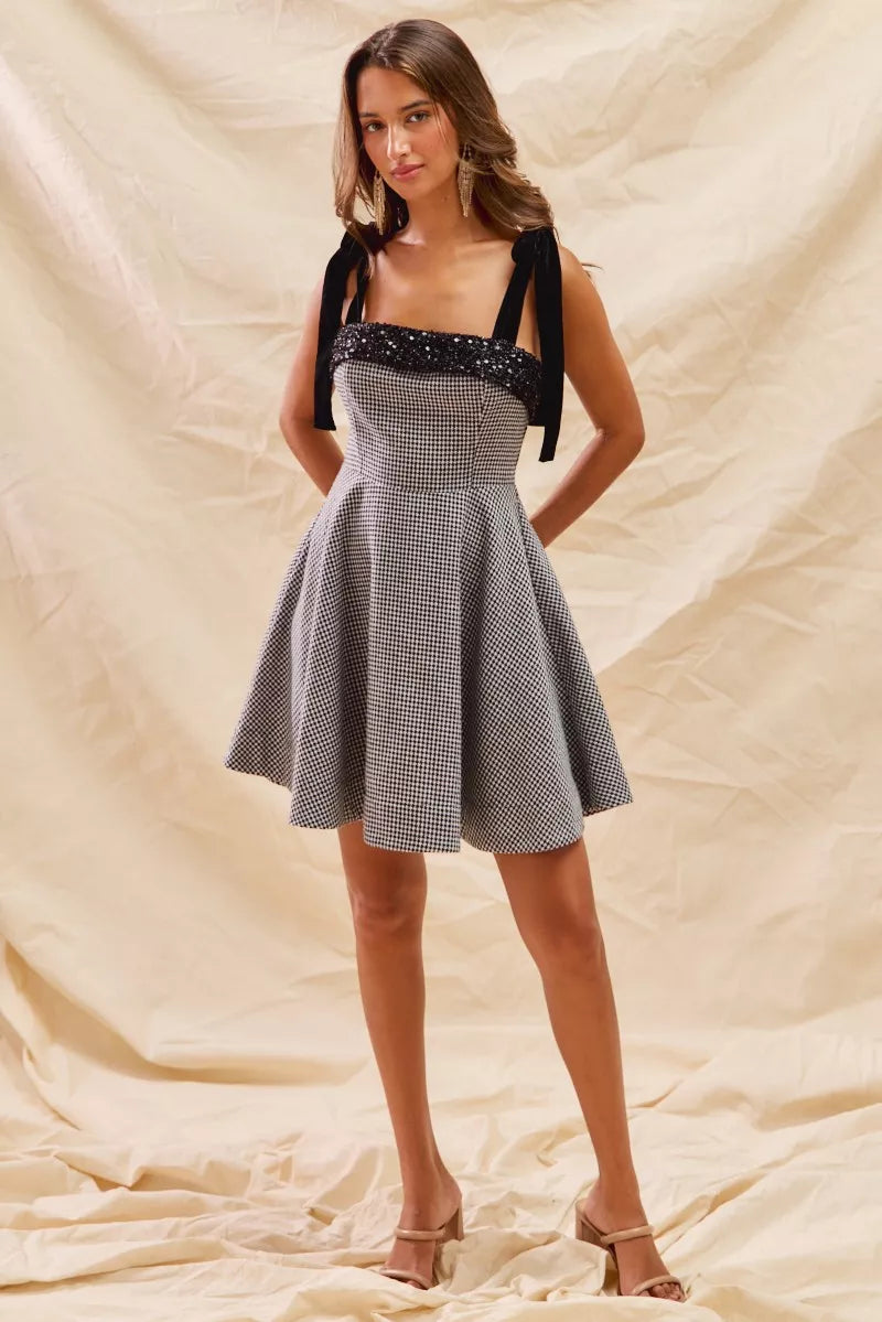 SO ME Houndstooth Fit Flare Mini Dress with Shoulder Tie 125dabf164e14b2788b5d8ce6d398b3f-Max-Origin