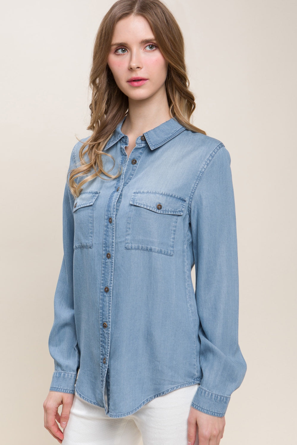 Love Tree Scooped Hem Button Up Denim Shirt Love Tree Scooped Hem Button Up Denim Shirt - TopFashionHQ