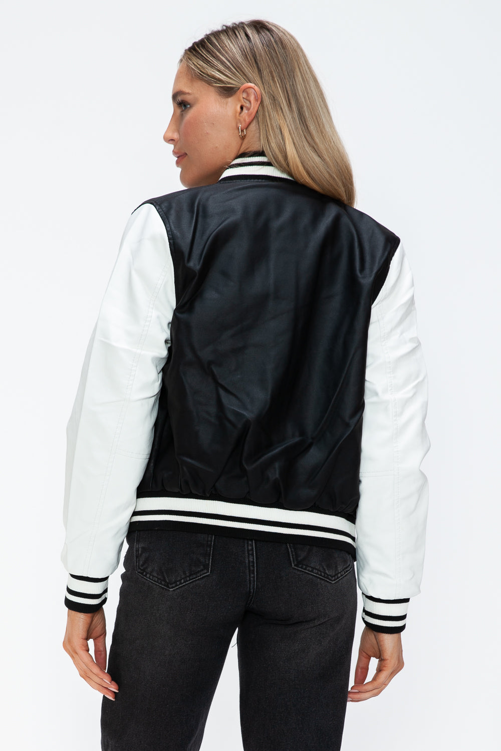 Love Me Now PU Leather Contrast Snap Down Bomber Jacket Love Me Now PU Leather Contrast Snap Down Bomber Jacket - TopFashionHQ