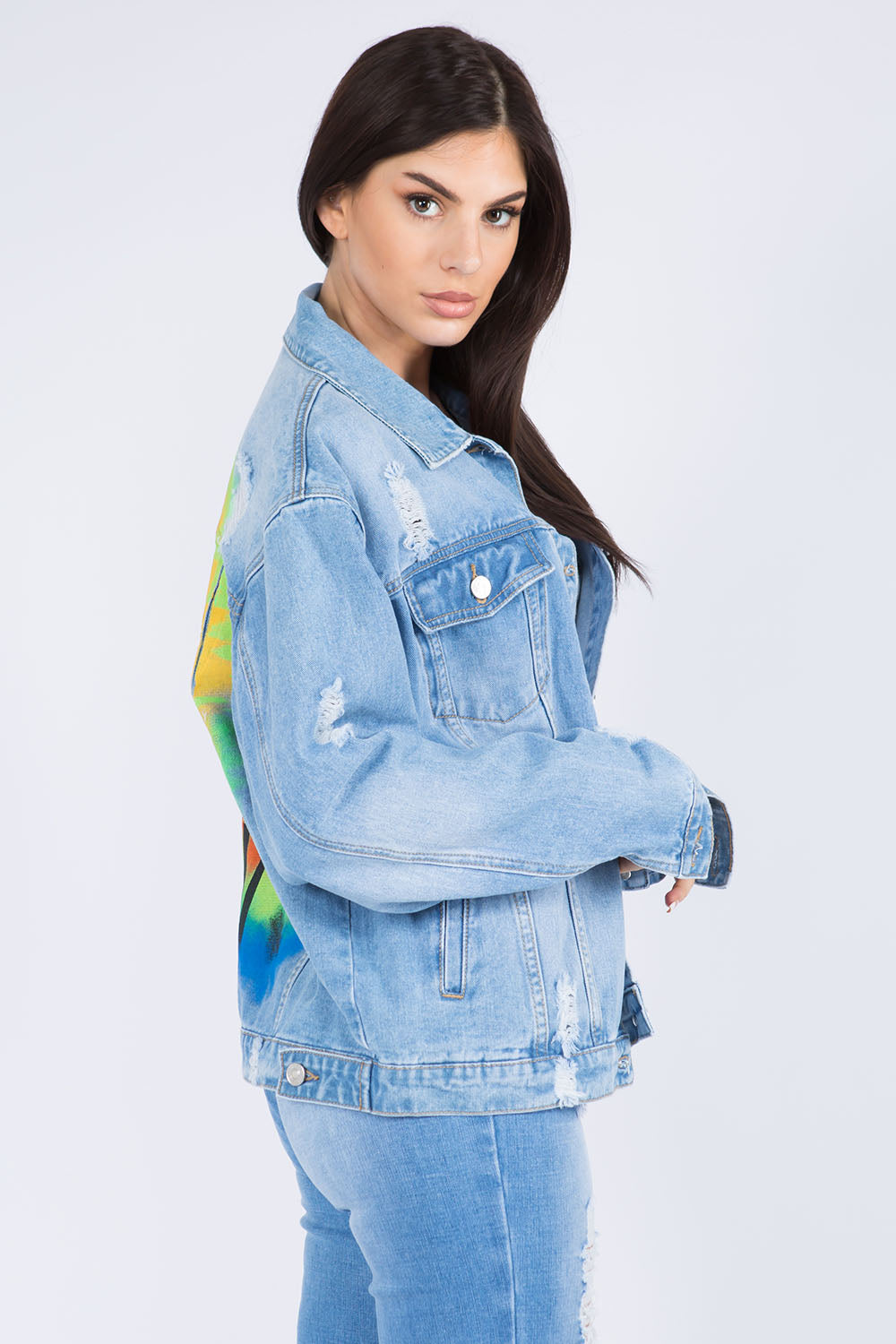 American Bazi Full Size Painted Back Distressed Denim Jacket American Bazi Full Size Painted Back Distressed Denim Jacket - TopFashionHQ