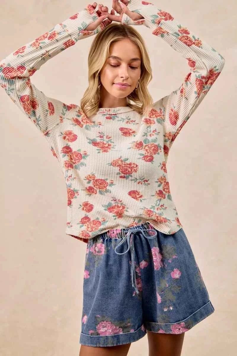 BiBi Floral Print Washed Waffle Thermal Top With Thumb BiBi Floral Print Washed Waffle Thermal Top With Thumb