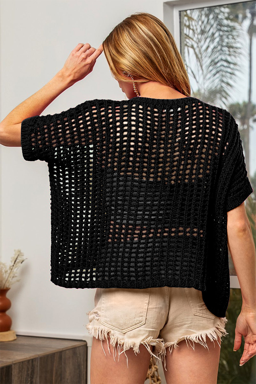 BiBi Hollowed Out Short Sleeve Knit Cover Up BiBi Hollowed Out Short Sleeve Knit Cover Up - TopFashionHQ