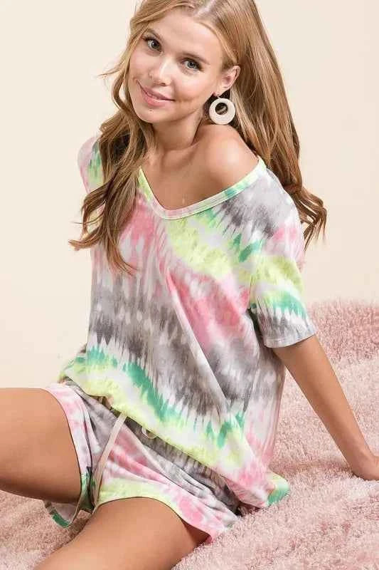BiBi Tie Dye Print Shorts With Twill Tape Drawstring BiBi Tie Dye Print Shorts With Twill Tape Drawstring