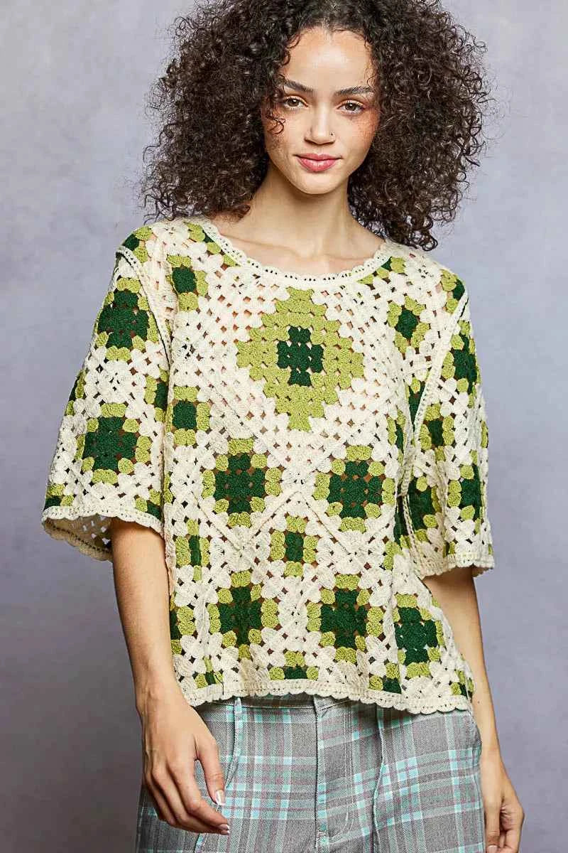 POL Round Neck Short Sleeve Color Pattern Crochet Top with Border Accents POL Round Neck Short Sleeve Color Pattern Crochet Top with Border Accents