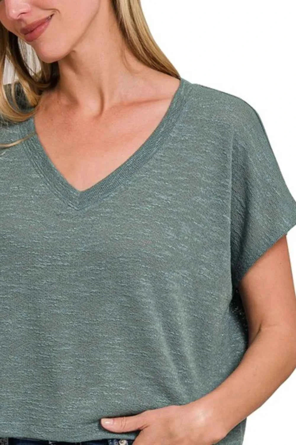 Zenana Hacci Slub V-neck Drop Shoulder Crop Top Zenana Hacci Slub V-neck Drop Shoulder Crop Top