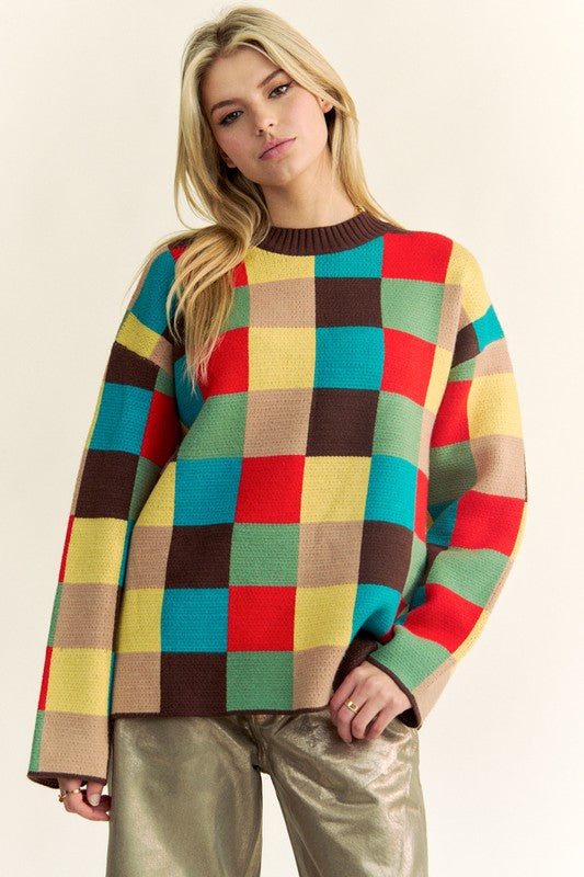 Davi & Dani Color Block Checkered Dropped Shoulder Sweater Davi & Dani Color Block Checkered Dropped Shoulder Sweater