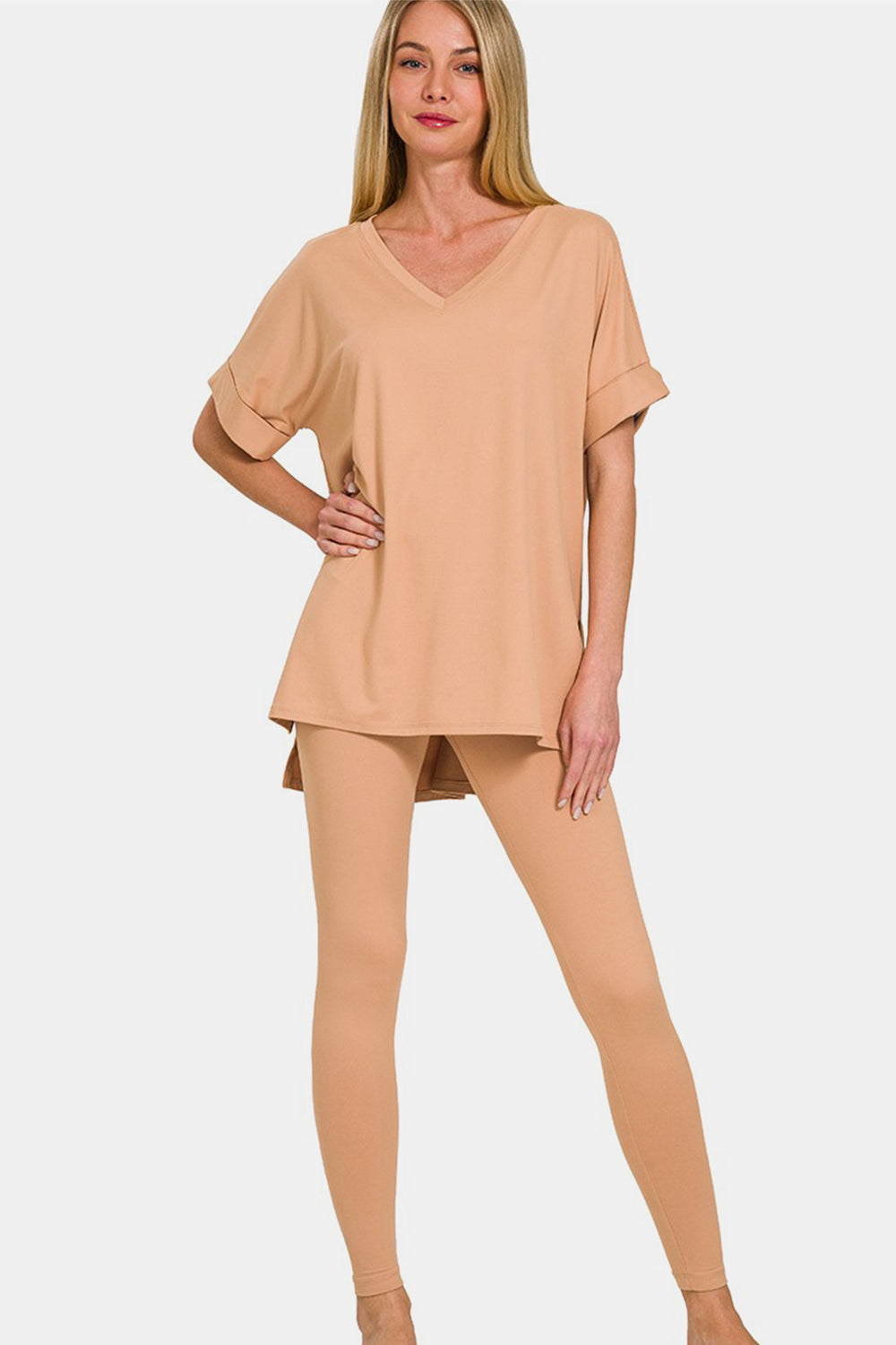 Zenana Full Size V-Neck Rolled Short Sleeve T-Shirt and Leggings Lounge Set Zenana Full Size V-Neck Rolled Short Sleeve T-Shirt and Leggings Lounge Set