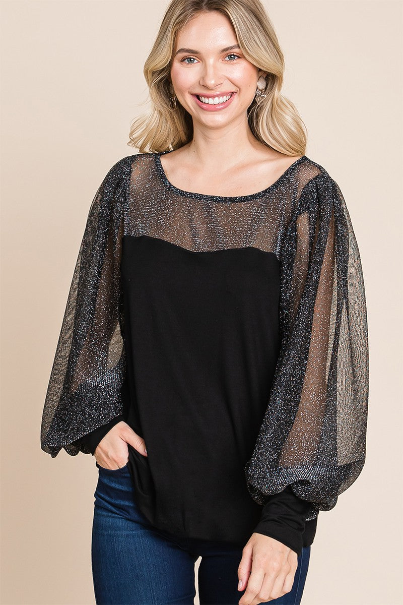Super Lady Full Size Metallic Mesh Lantern Sleeve Blouse Super Lady Full Size Metallic Mesh Lantern Sleeve Blouse