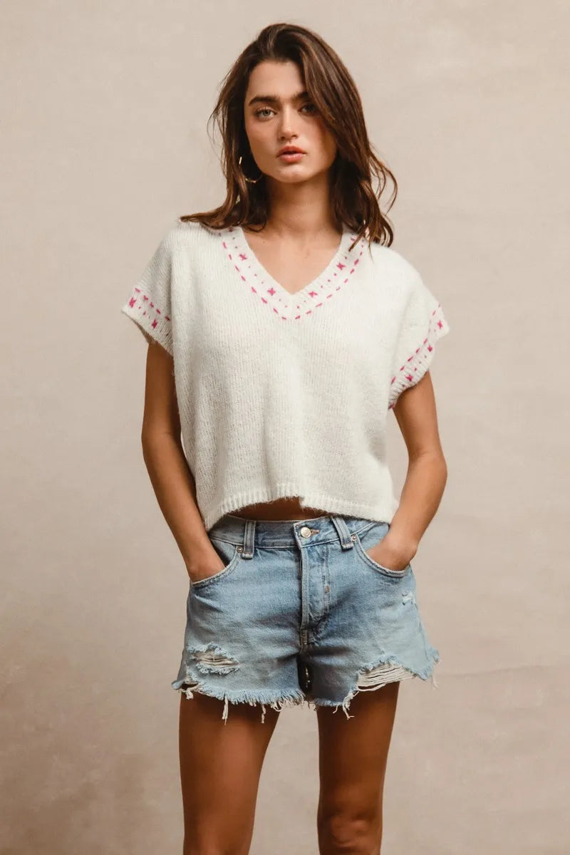 BiBi Knit Solid Contrast Stitch Detail Short Sleeves Sweater 135196aa595844e8b1137e00e1affd33-Max-Origin