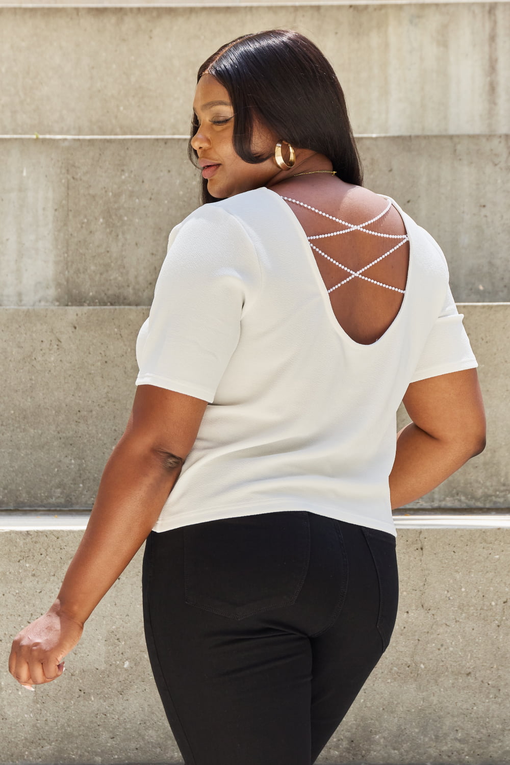 And The Why Pearly White Full Size Criss Cross Pearl Detail Open Back T-Shirt And The Why Pearly White Full Size Criss Cross Pearl Detail Open Back T-Shirt - TopFashionHQ