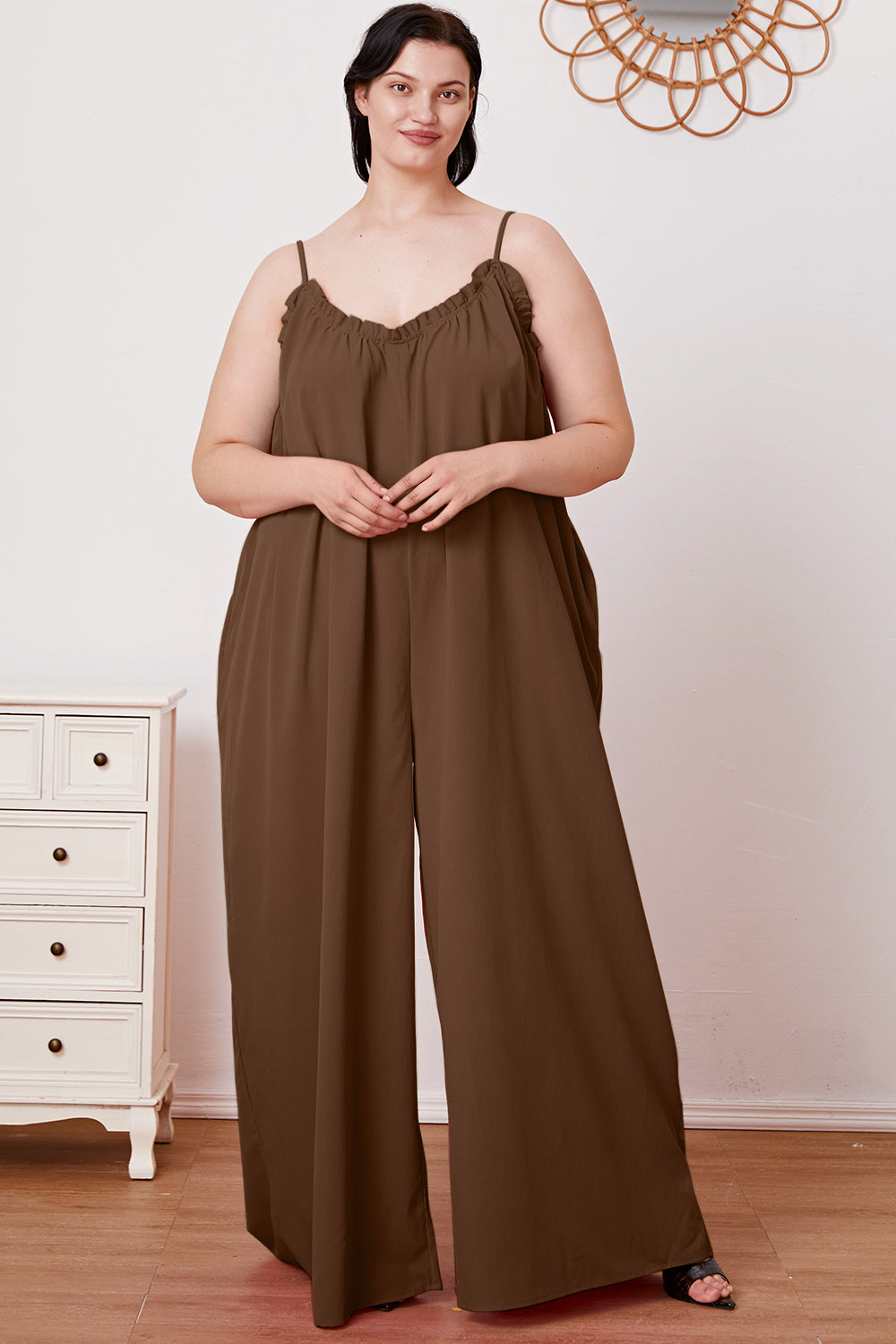 Double Take Full Size Ruffle Trim Tie Back Cami Jumpsuit with Pockets Double Take Full Size Ruffle Trim Tie Back Cami Jumpsuit with Pockets - TopFashionHQ