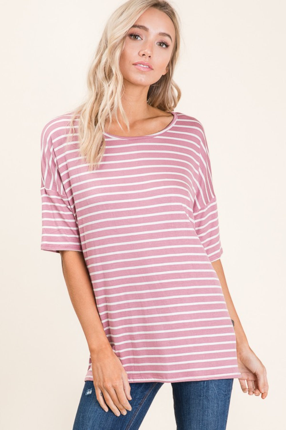 BOMBOM Striped Round Neck Half Sleeve T-Shirt BOMBOM Striped Round Neck Half Sleeve T-Shirt - TopFashionHQ