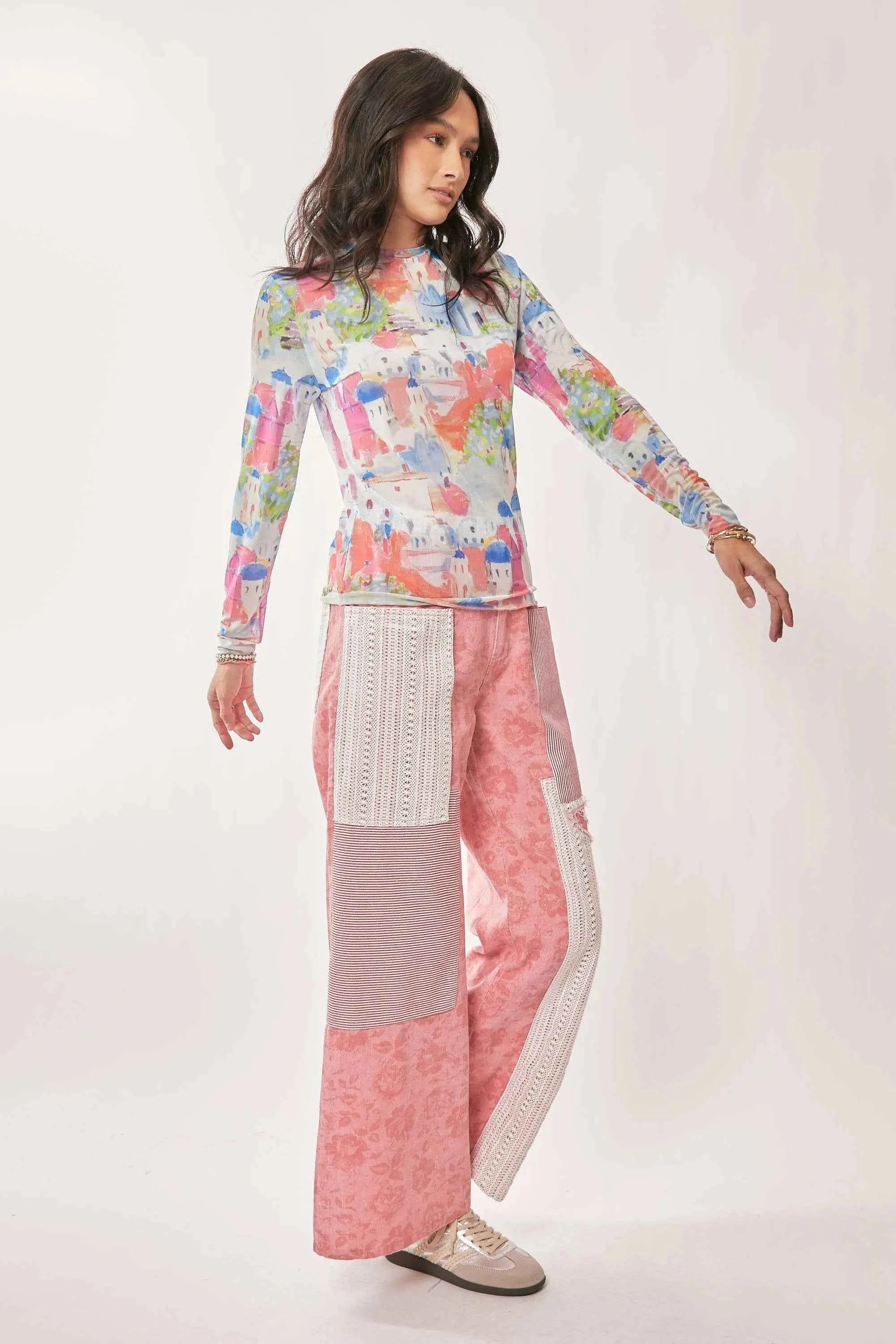 Davi & Dani Multi Printed Mesh Round Neck Long Sleeve Top Davi & Dani Multi Printed Mesh Round Neck Long Sleeve Top