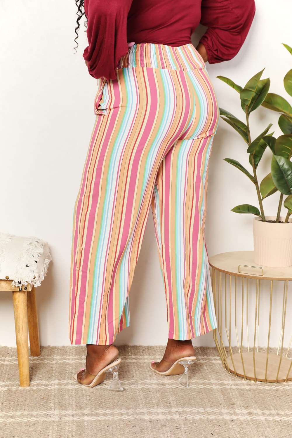 Double Take Striped Smocked Waist Pants with Pockets Double Take Striped Smocked Waist Pants with Pockets - TopFashionHQ