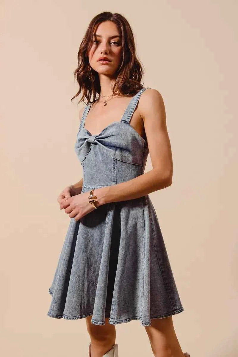 SO ME Mineral Washed Bow Ribbon Denim Flare Dress SO ME Mineral Washed Bow Ribbon Denim Flare Dress