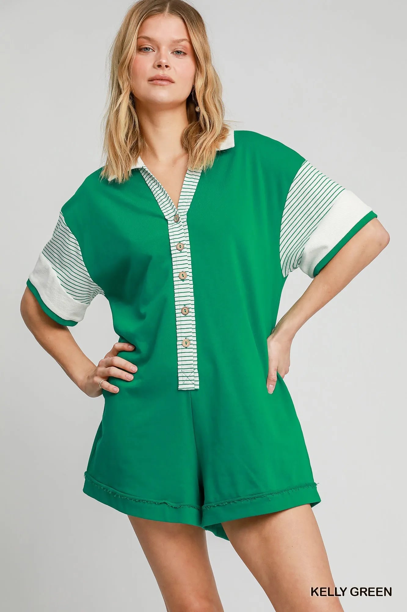 Umgee French Terry Collared Colorblock Romper 13cd232a-5c6c-4ad7-ad28-1a8884907ba9-Max-Origin