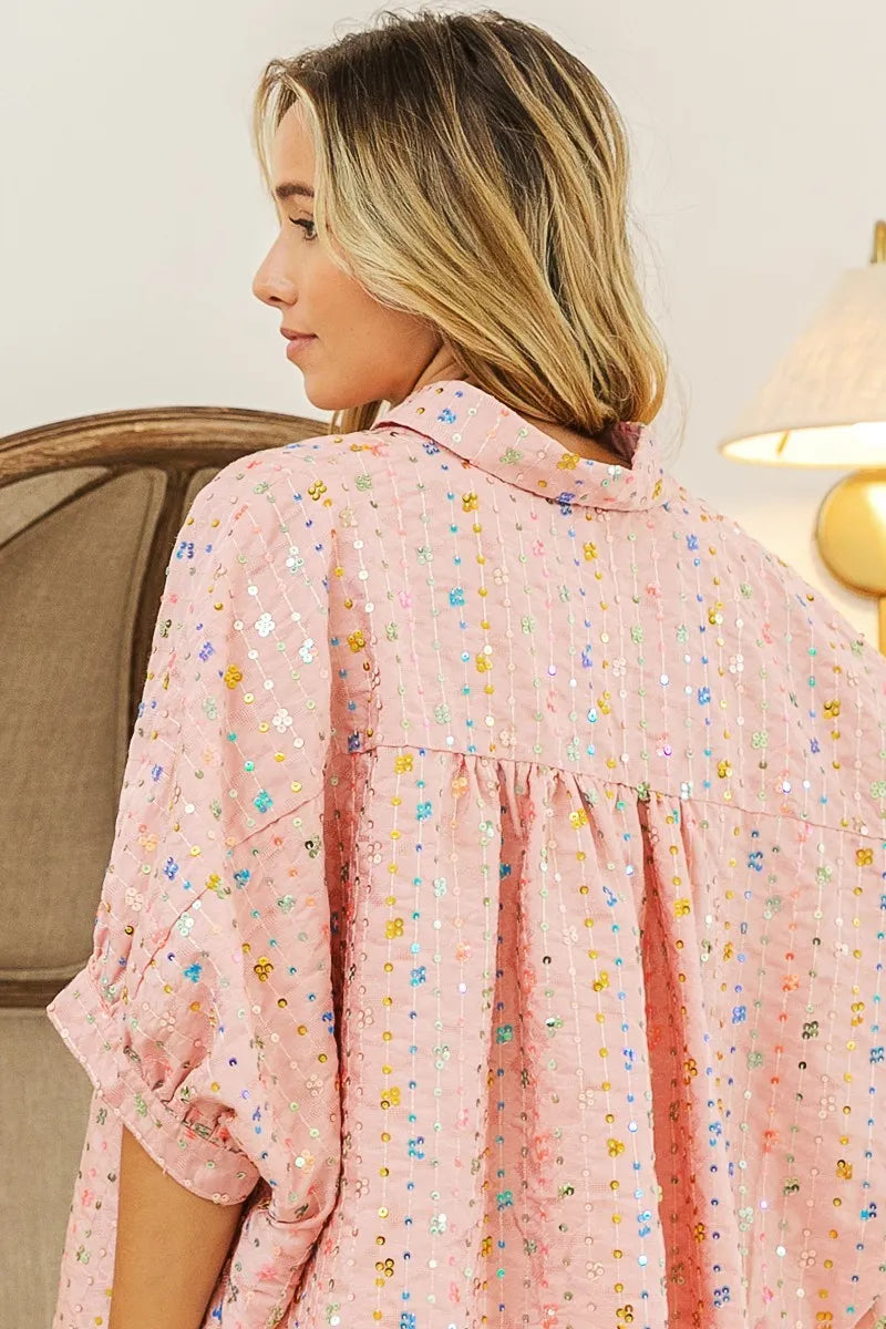 BiBi Sequin Striped Short Dolman Sleeve Blouse 13d9e62b14d34c1b861bbb913516aed9-Max-Origin