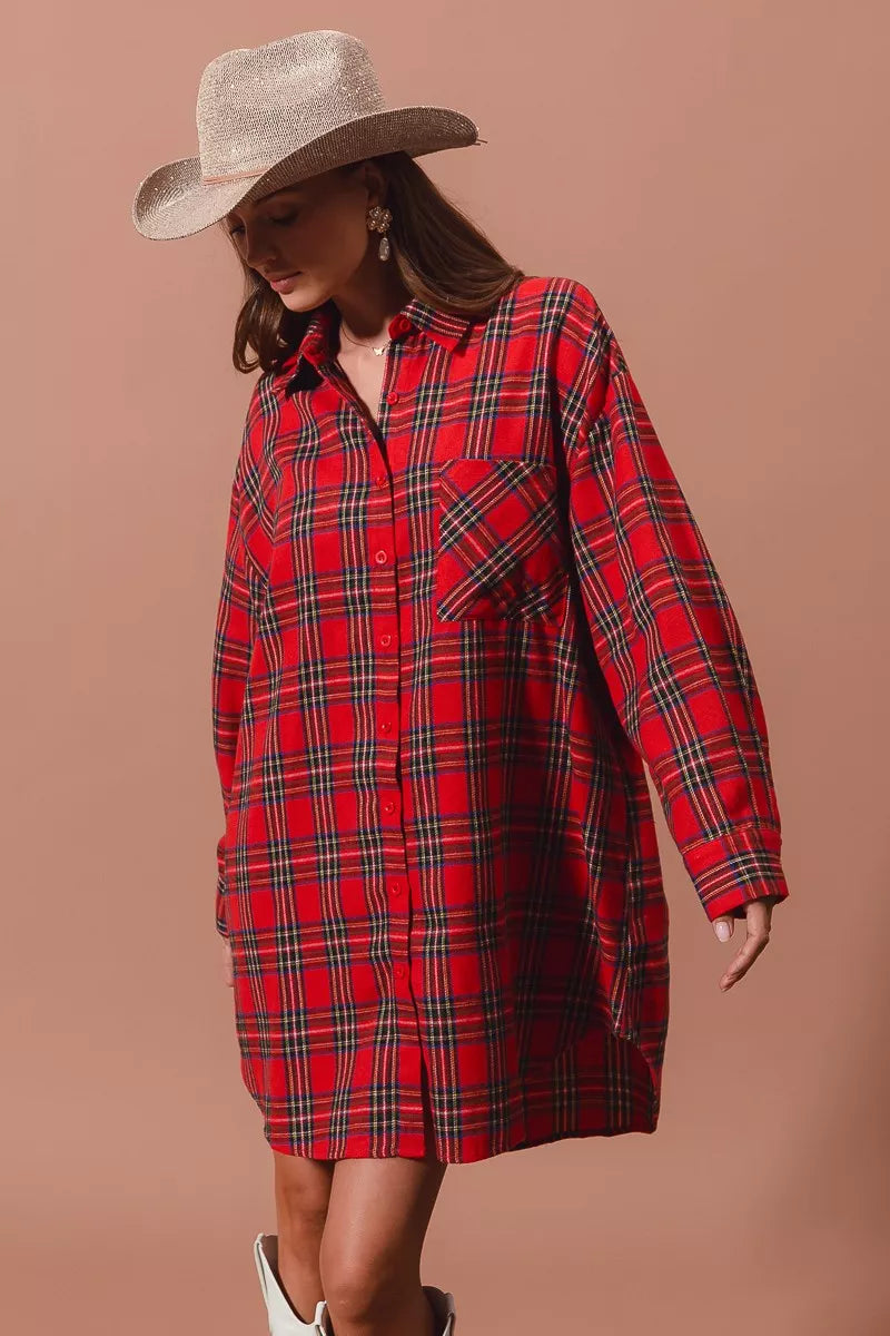 SO ME Christmas Checker Plaid Button Up Shirt Dress 13e11e40d7e641e2aa246ea52b552877-Max-Origin