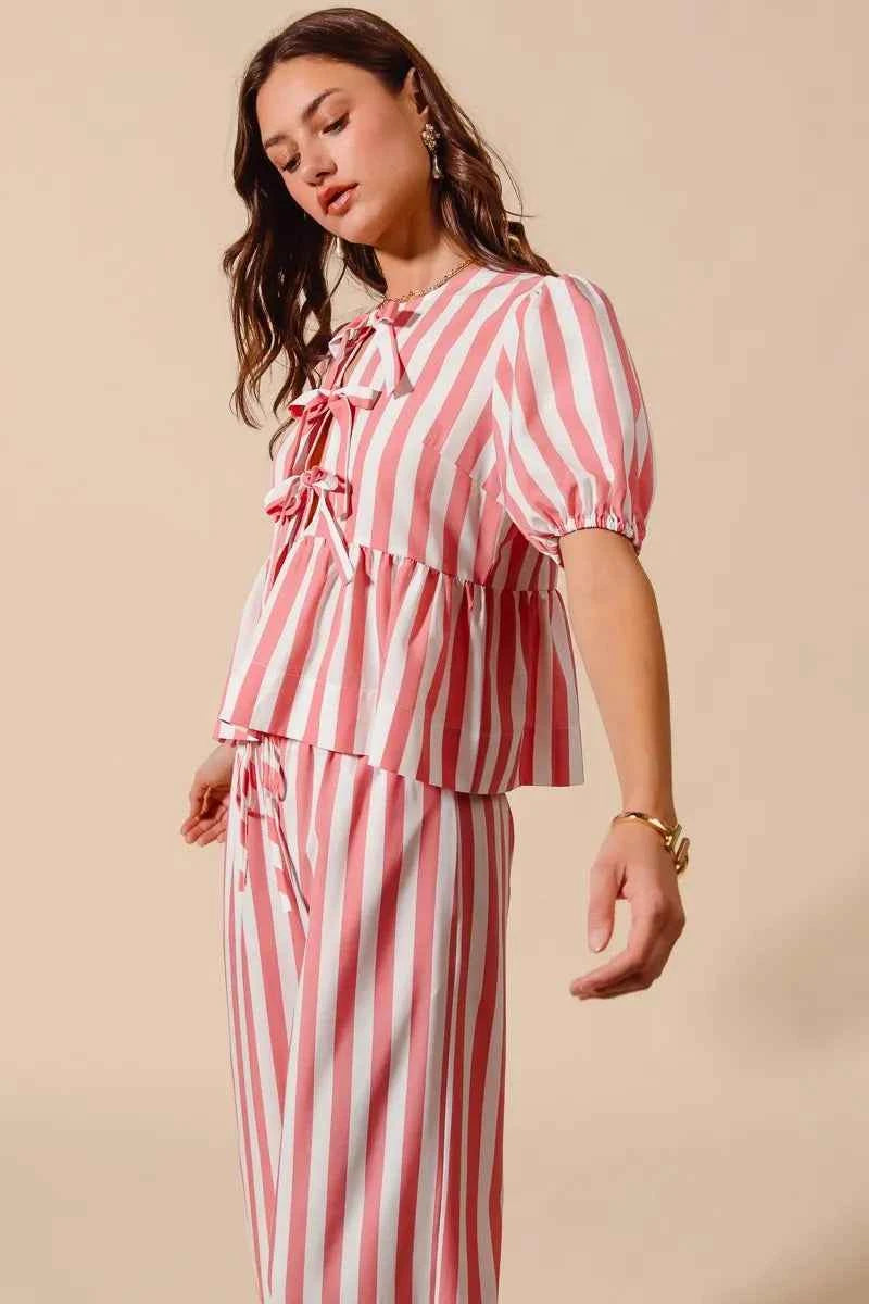 SO ME Front Tie Stripe Top With Puff Sleeves and Wide Leg Pants Set SO ME Front Tie Stripe Top With Puff Sleeves and Wide Leg Pants Set