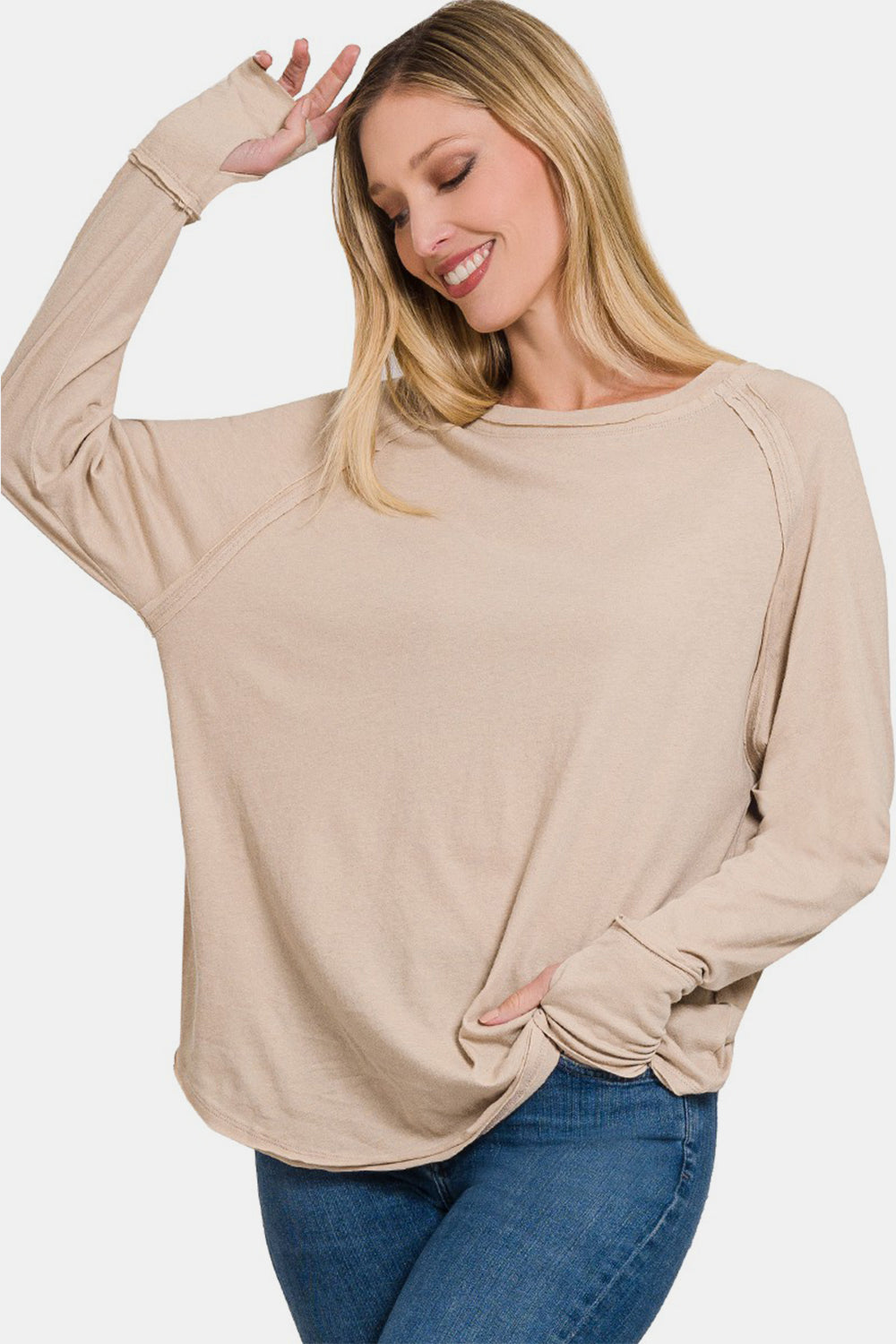 Zenana Round Neck Thumbhole Long Sleeve Top Zenana Round Neck Thumbhole Long Sleeve Top - TopFashionHQ