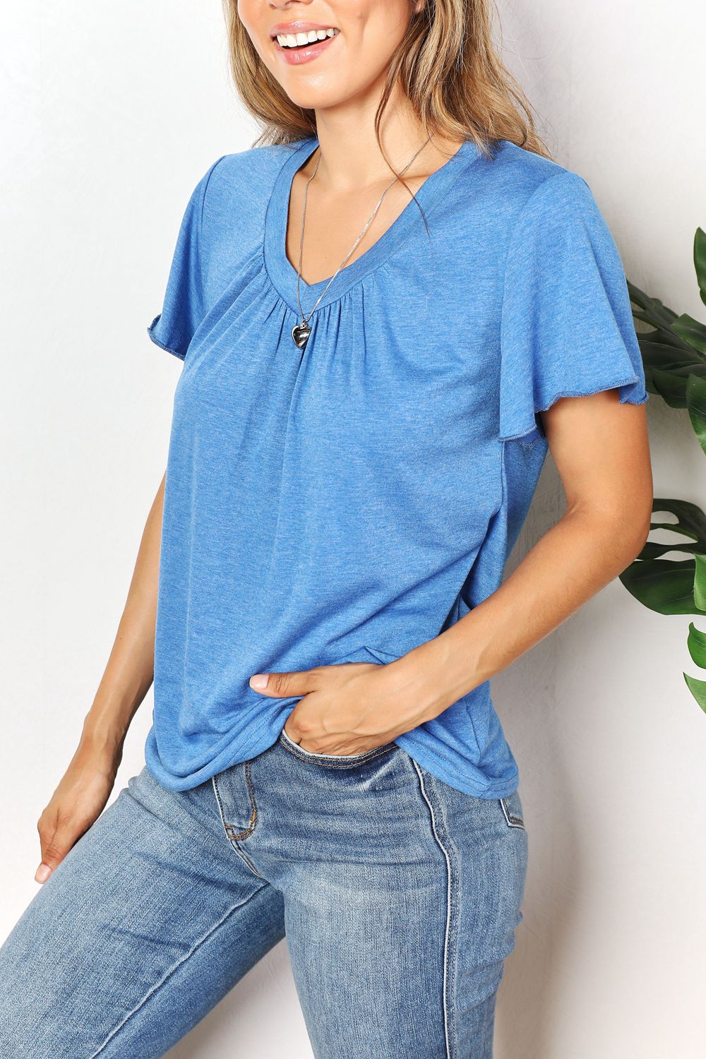 Double Take Ruched V-Neck Short Sleeve T-Shirt Double Take Ruched V-Neck Short Sleeve T-Shirt - TopFashionHQ