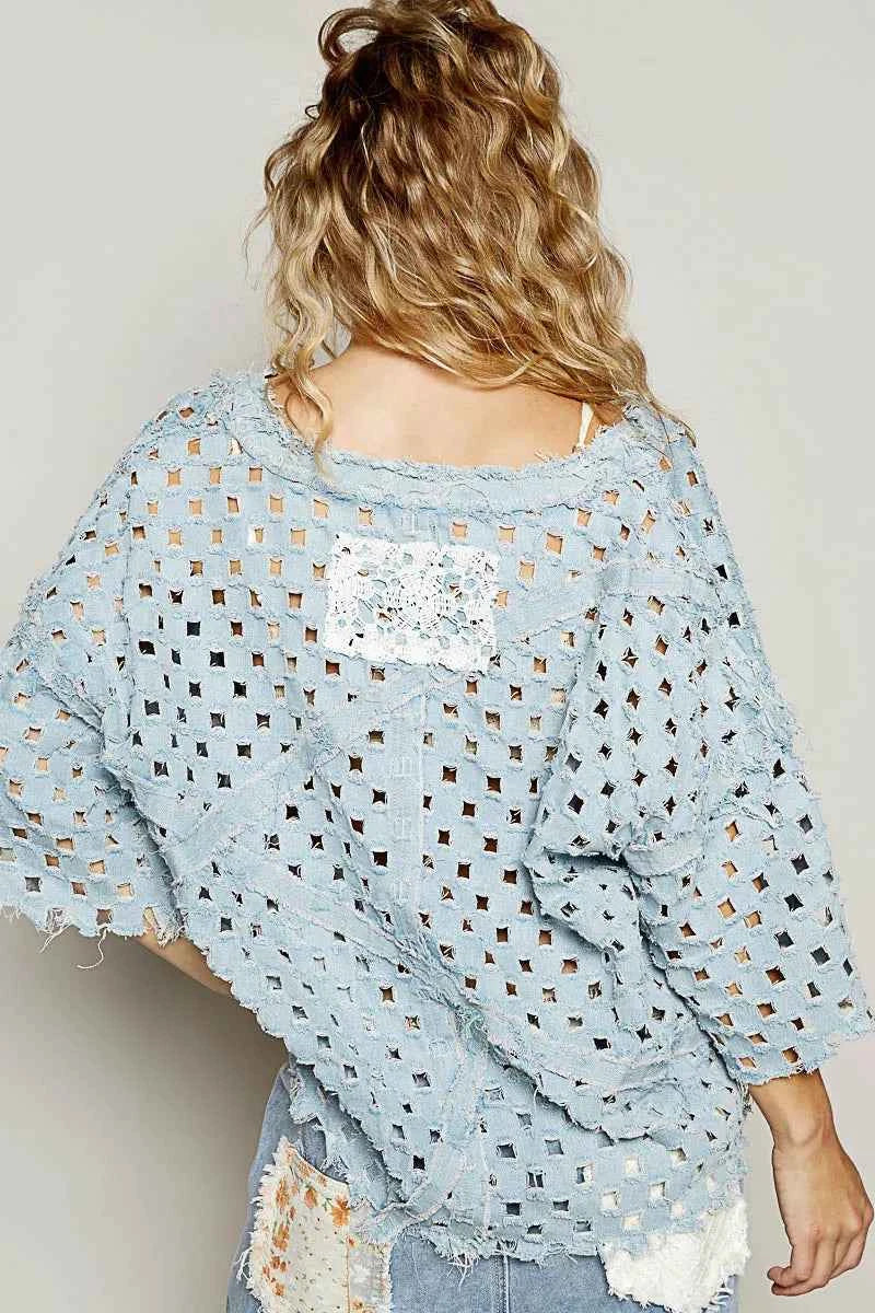 POL V-Neck Short Sleeve Top with Laser Cut Detail POL V-Neck Short Sleeve Top with Laser Cut Detail