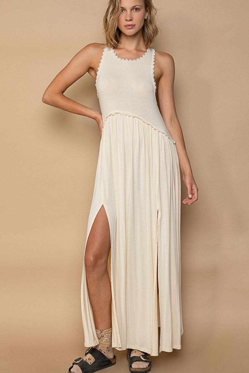 POL Sleeveless Back Zipper Front Slit Maxi Dress POL Sleeveless Back Zipper Front Slit Maxi Dress - TopFashionHQ