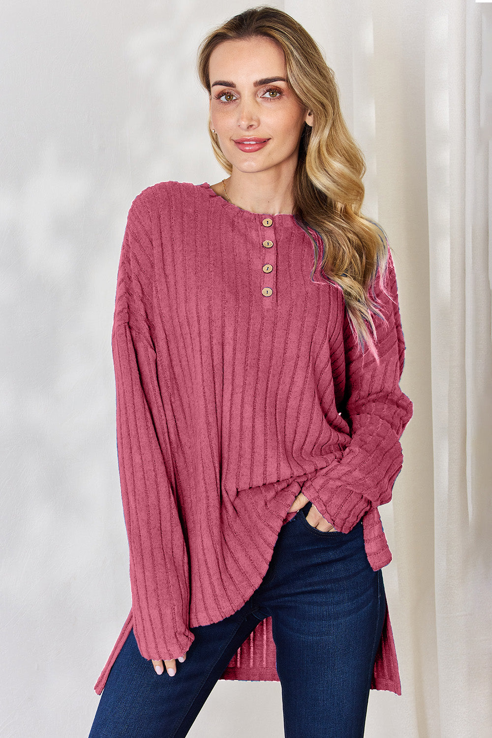 Basic Bae Full Size Ribbed Half Button Long Sleeve High-Low T-Shirt Basic Bae Full Size Ribbed Half Button Long Sleeve High-Low T-Shirt - TopFashionHQ