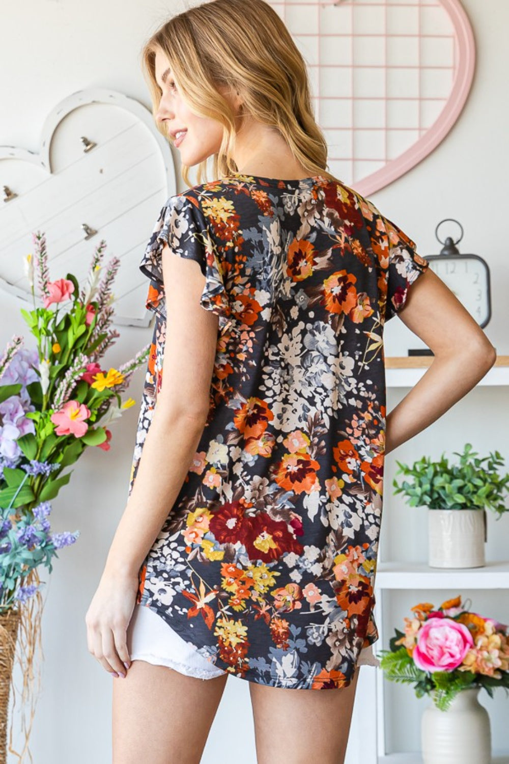 Heimish Full Size Ruffled Floral Round Neck Cap Sleeve Blouse Heimish Full Size Ruffled Floral Round Neck Cap Sleeve Blouse - TopFashionHQ