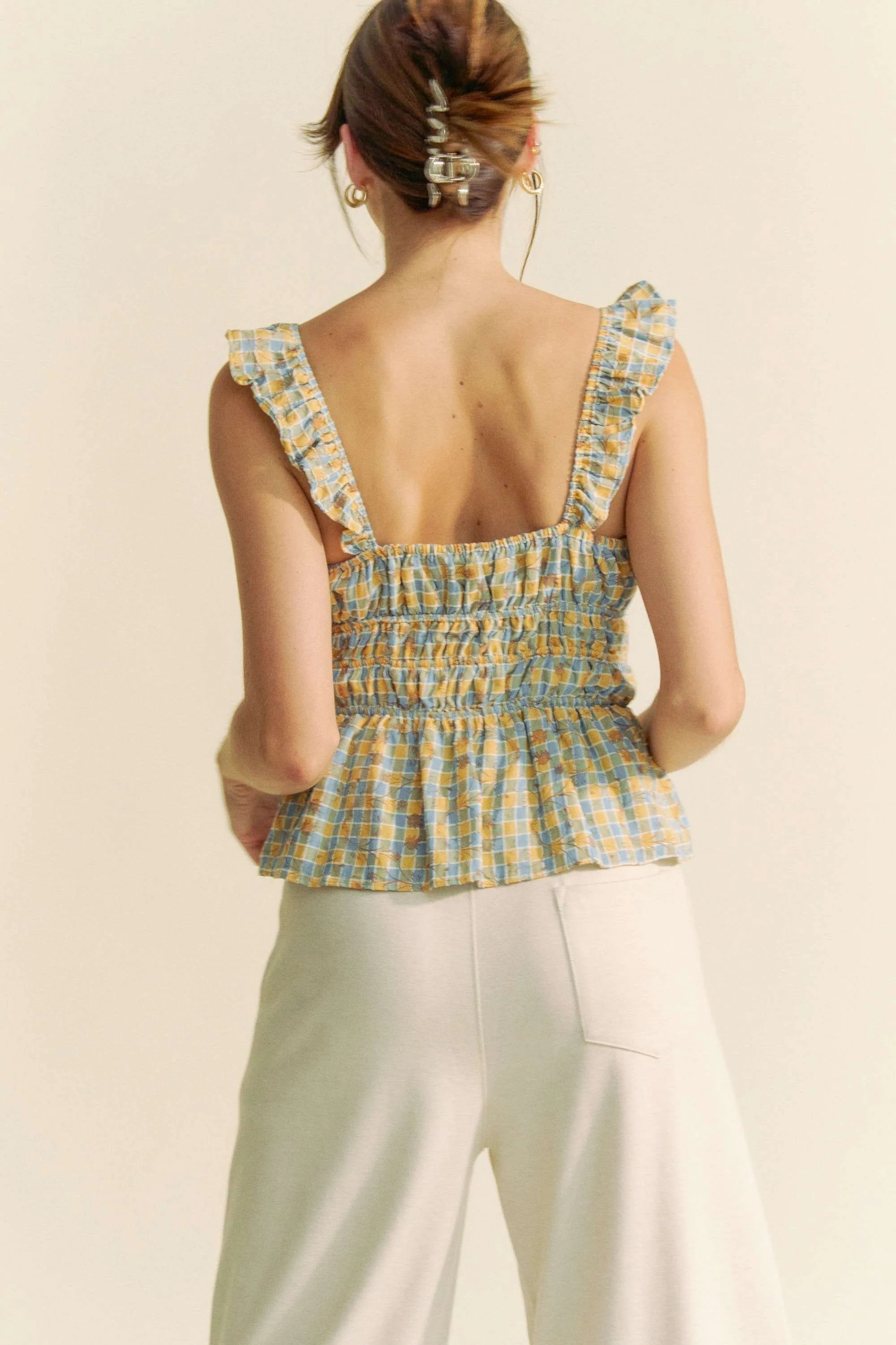 Davi & Dani Plaid Ruffled Strap Smocked Sleeveless Top 14a8e8d6cf634868a8467a17f9b9a7a3-Max-Origin