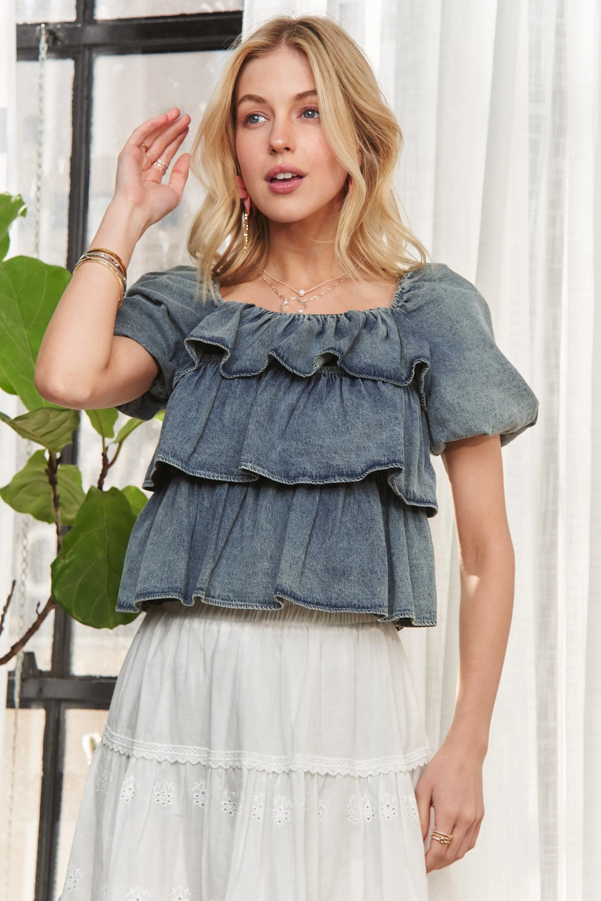ADORA Washed Denim Layered Ruffle Blouse 14ac5fa4d2ff447d9f91c8bad18c4bbf-Max-Origin