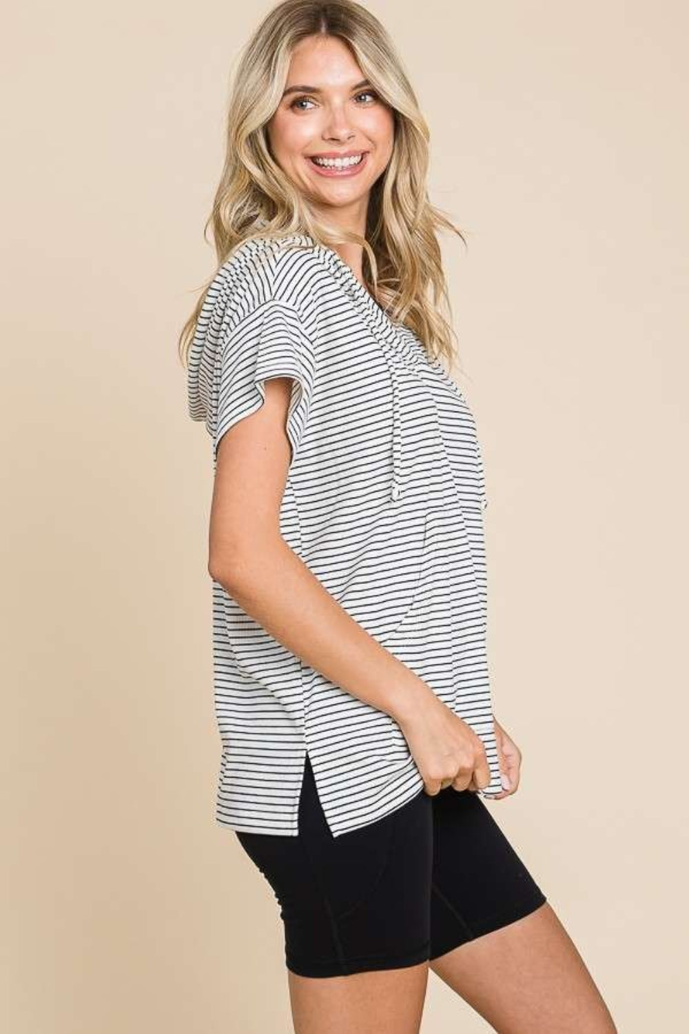 Culture Code Full Size Striped Short Sleeve Hooded Top Culture Code Full Size Striped Short Sleeve Hooded Top - TopFashionHQ