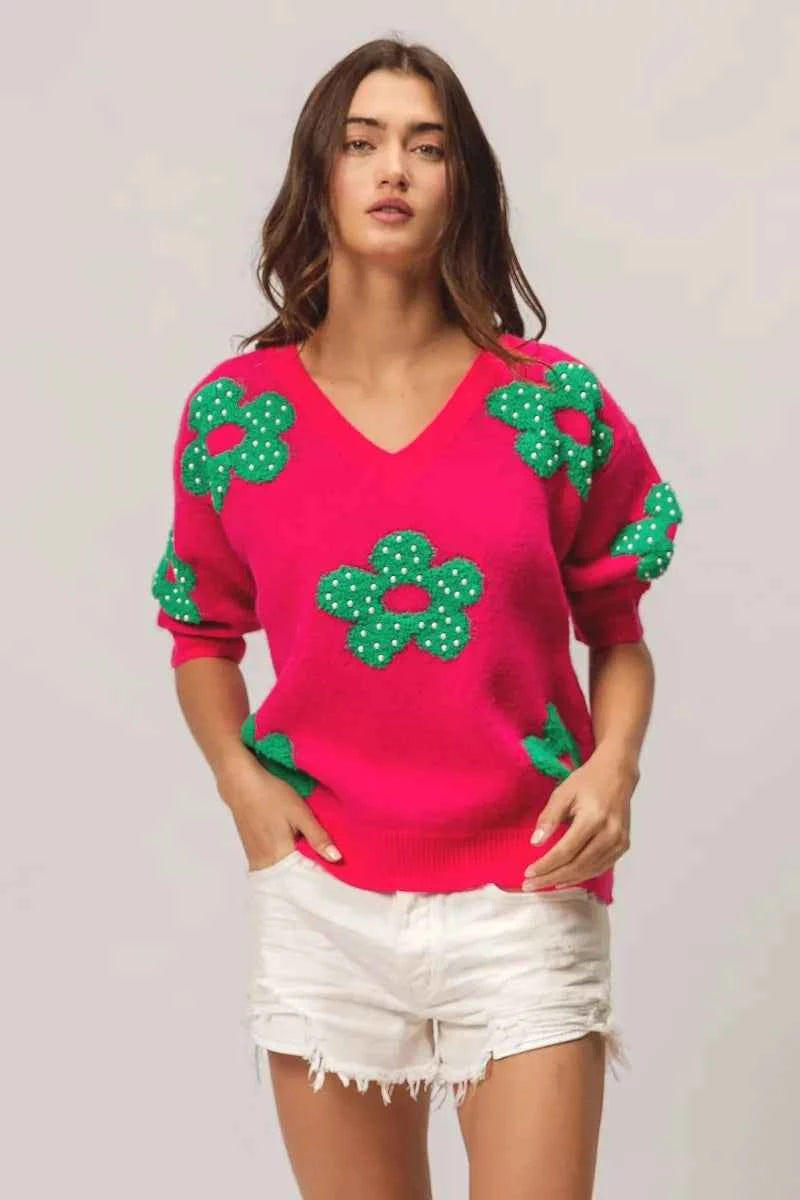 BiBi Pearl Beads Flowers Sweater Top BiBi Pearl Beads Flowers Sweater Top