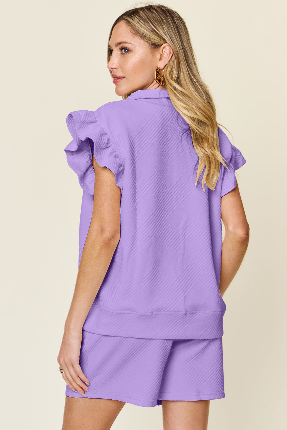 Double Take Full Size Texture Flounce Sleeve Top and Drawstring Shorts Set Double Take Full Size Texture Flounce Sleeve Top and Drawstring Shorts Set