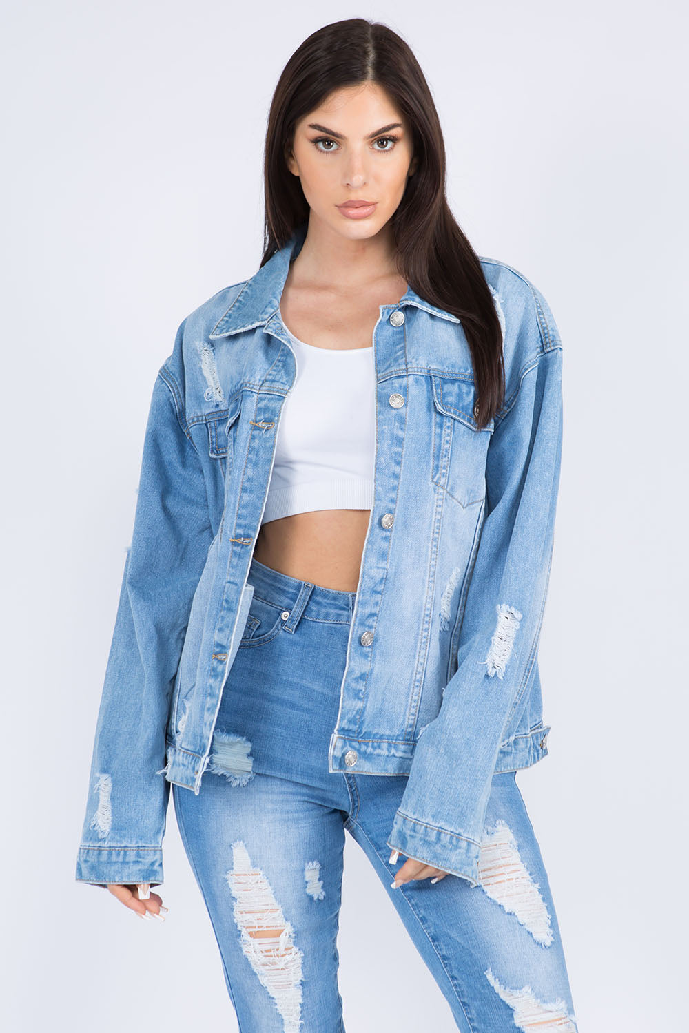 American Bazi Full Size Painted Back Distressed Denim Jacket American Bazi Full Size Painted Back Distressed Denim Jacket - TopFashionHQ