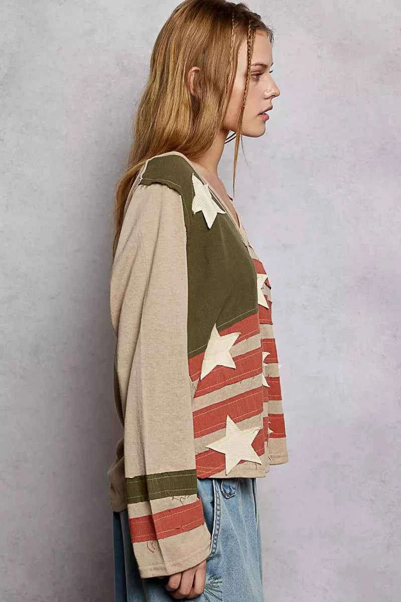 POL Double Gauze American Flag Patch V-Neck Long Sleeve T-Shirt POL Double Gauze American Flag Patch V-Neck Long Sleeve T-Shirt