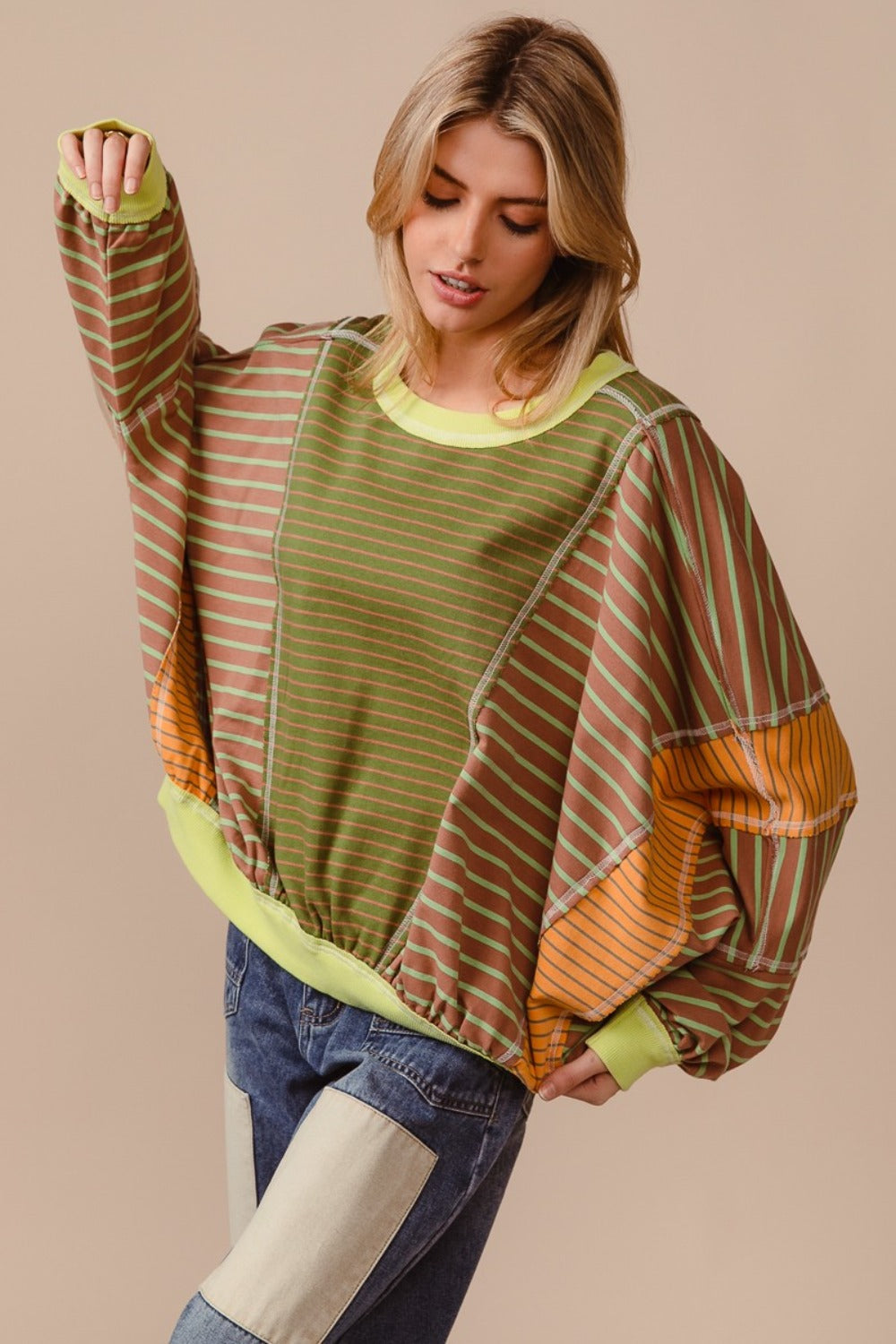 BiBi Color Block Striped Round Neck Sweatshirt BiBi Color Block Striped Round Neck Sweatshirt