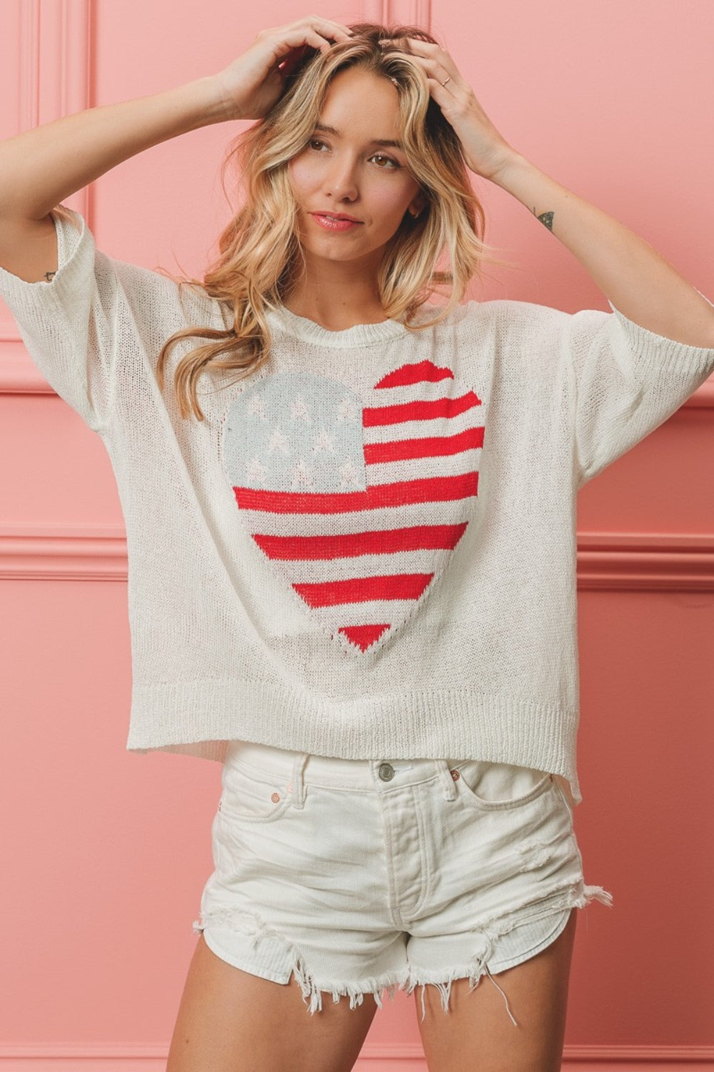 BiBi Striped Heart Contrast Knit Top BiBi Striped Heart Contrast Knit Top - TopFashionHQ