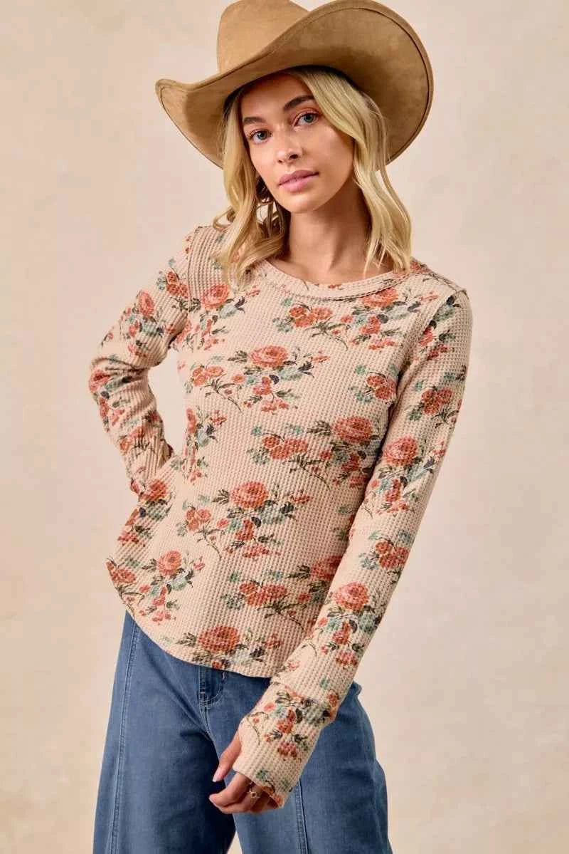 BiBi Floral Print Washed Waffle Thermal Top with Thumb BiBi Floral Print Washed Waffle Thermal Top with Thumb