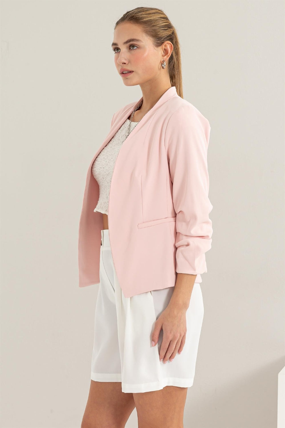 HYFVE Open Front Ruched Sleeve Blazer HYFVE Open Front Ruched Sleeve Blazer - TopFashionHQ