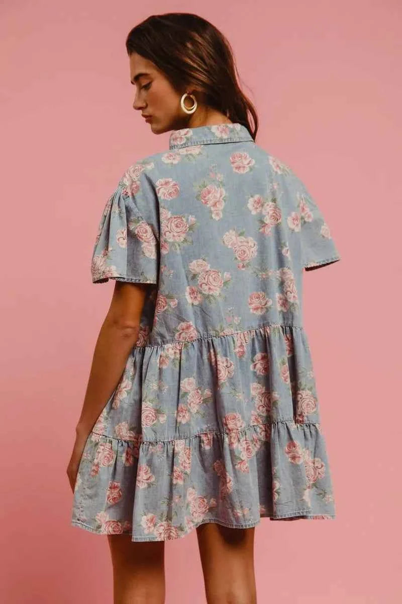 BiBi Floral Print Washed Lightweight Tiered Shirt Dress BiBi Floral Print Washed Lightweight Tiered Shirt Dress