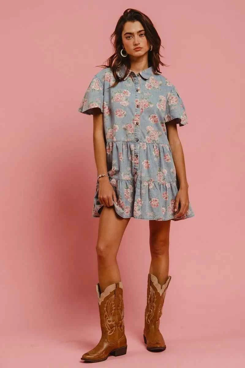 BiBi Floral Print Washed Lightweight Tiered Shirt Dress BiBi Floral Print Washed Lightweight Tiered Shirt Dress